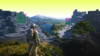 Astronaut standing in a partially built 3D landscape overlooking a lake and mountains, surrounded by grey blockout geometry and wireframe terrain. Coloured debug overlays highlight parts of the environment and character, suggesting AI analysis or game testing.