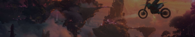 A flying motorbike among floating islands at dusk