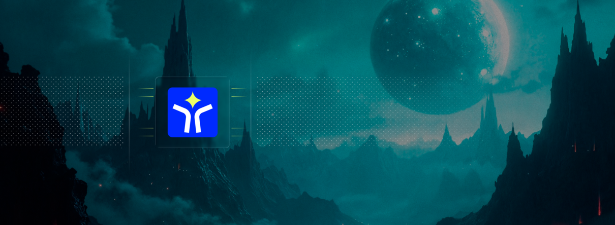 Helpshift logo on a night sky with the silhouette of a castle in the background illuminated by a low orbiting planet
