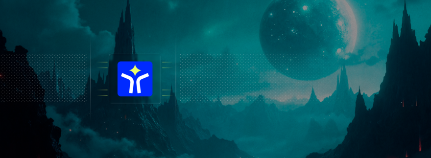 Helpshift logo on a night sky with the silhouette of a castle in the background illuminated by a low orbiting planet