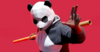 A masked character wearing a panda-themed hoodie and holding batons, set against a red background from THE FINALS video game