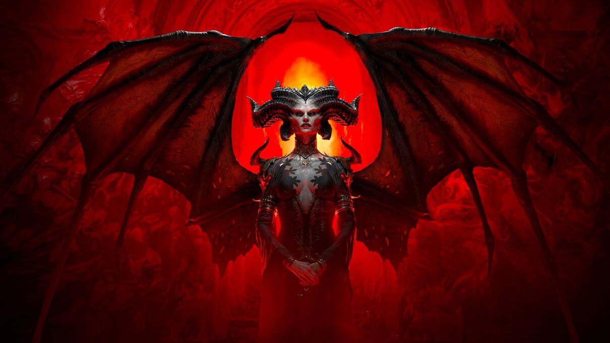 Lilith from Diablo 4 with her wings up and a dark red background. 