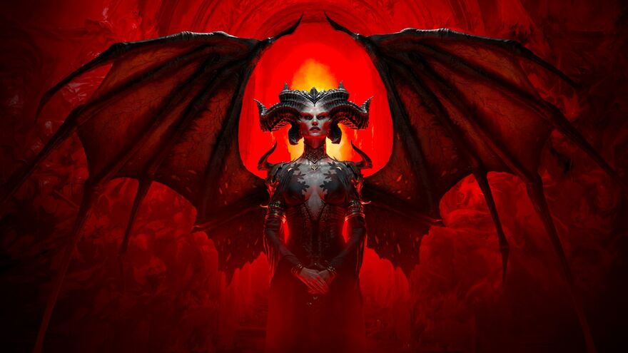 Lilith from diablo looking down on the camera with the Diablo 4 logo below