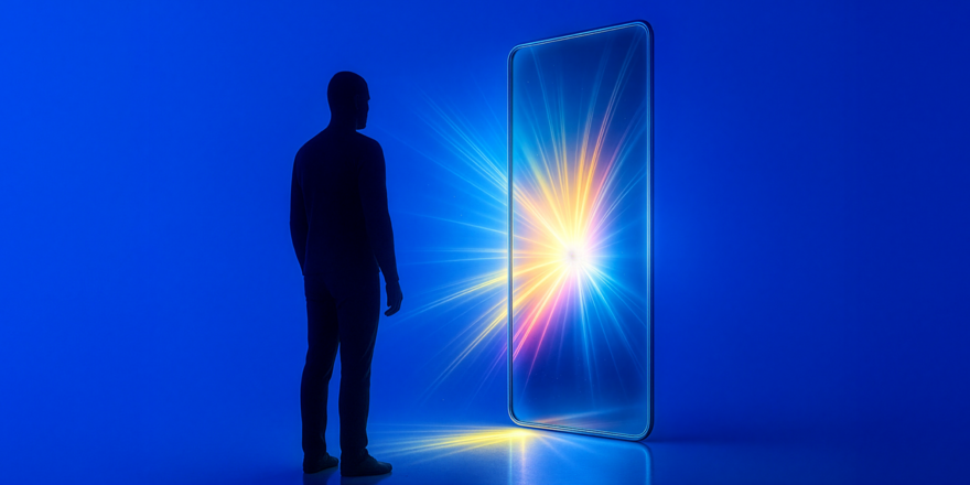 Dark human silhouette on the left facing a full size mirror on the right, which reflects various light spectrums.