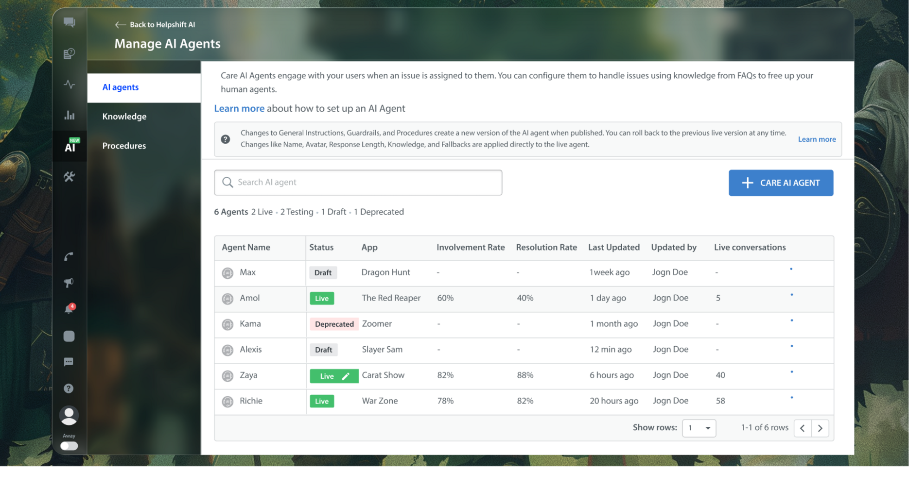 A manage AI agents interface on a screen