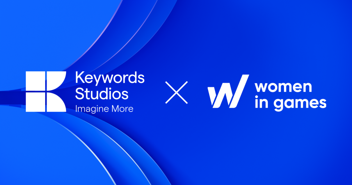 Logo of Keywords Studios and Women in Games side-by-side on a blue background.