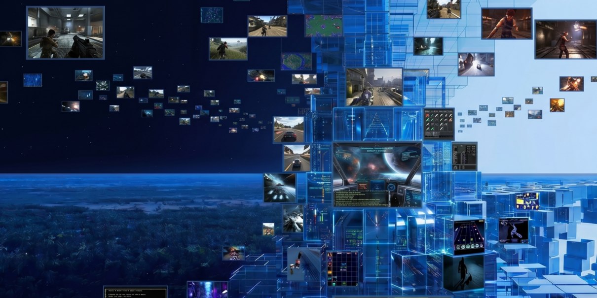 Virtual world with various gameplay screenshots