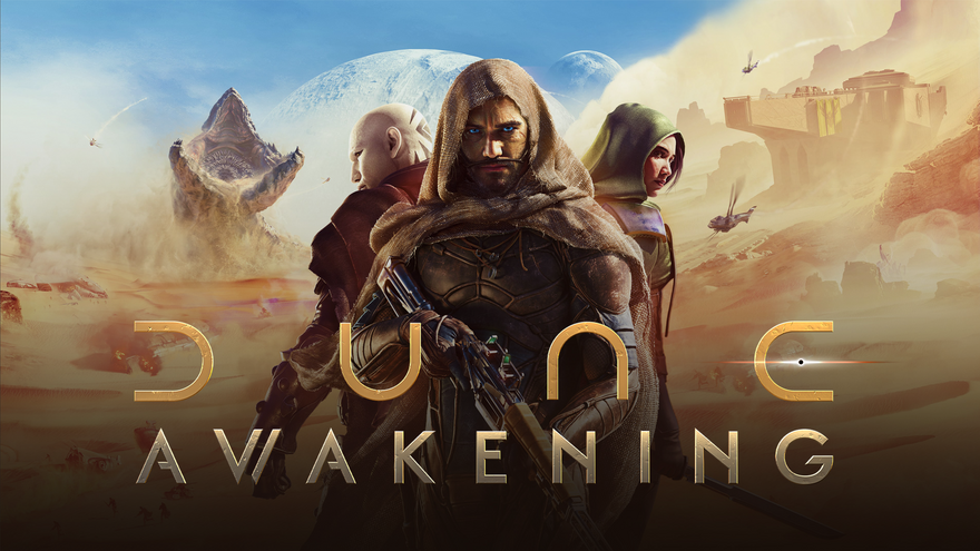 A trio of characters clad in desert gear stand in a windswept, sandy landscape, with a colossal sandworm and distant futuristic structures in the background. The image features the title