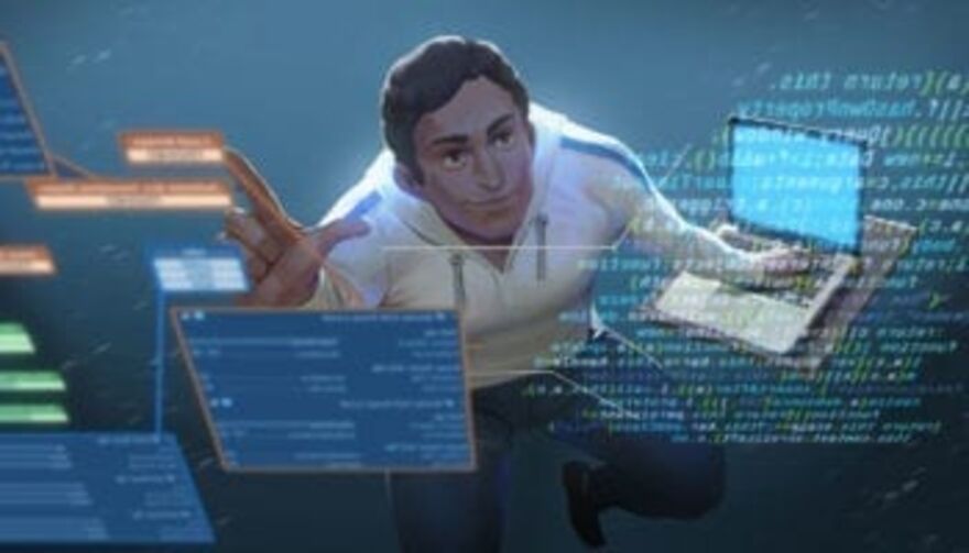 man surrounded by code and technology 