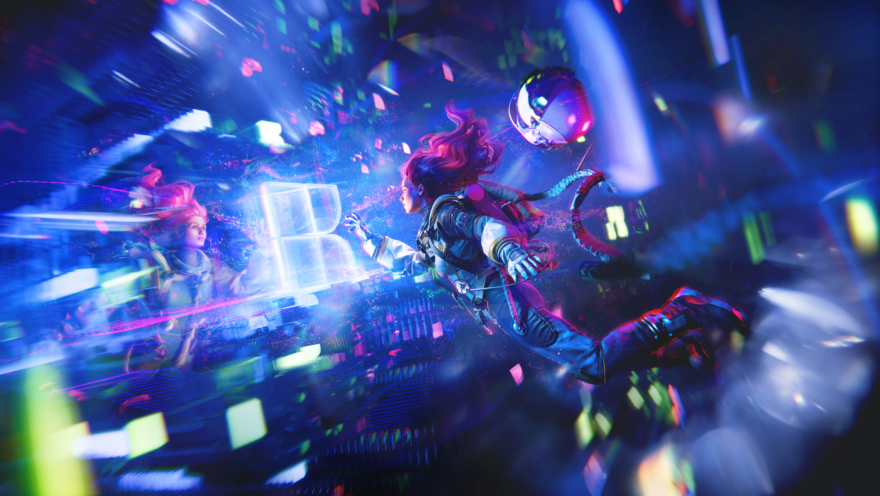A female astronaut with glowing pink hair floats in a vibrant, digital space environment, reaching toward a glowing holographic interface while a spherical drone hovers nearby.