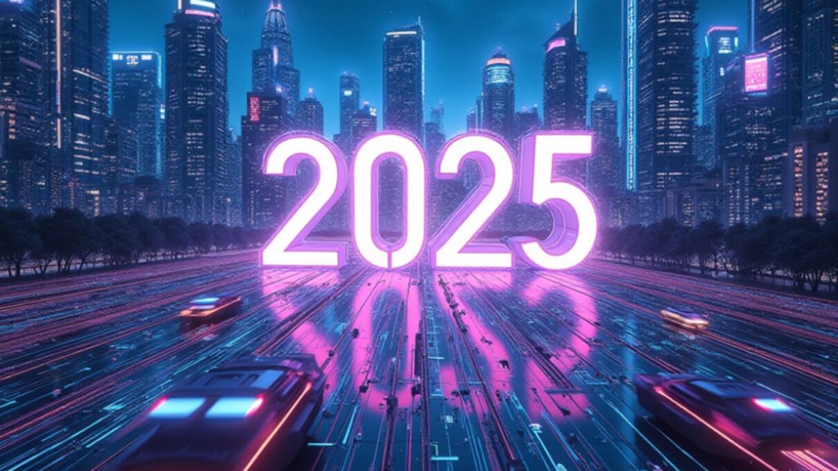 2025 pink neon text, with night city skyline in the background.