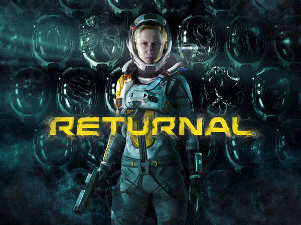 Returnal character looking into camera with the logo. 