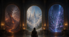 A character facing three doorways, each with a different fantasy world behind them