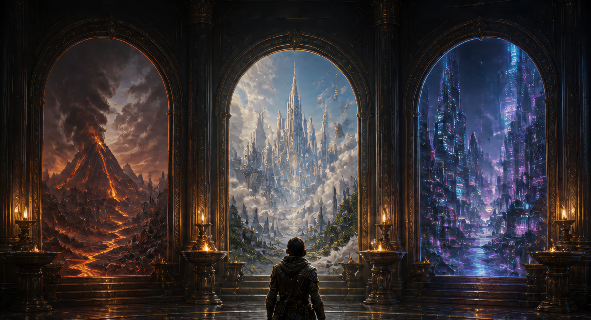 A character facing three doorways, each with a different fantasy world behind them