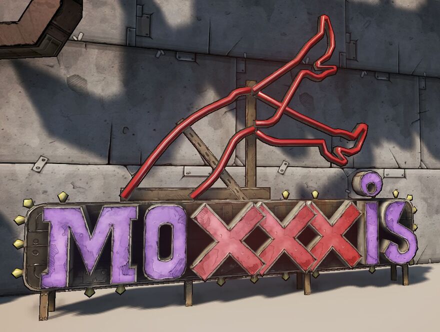 sign reading moxxxis with a neon sign of ladies legs kicking towards the sky in heels