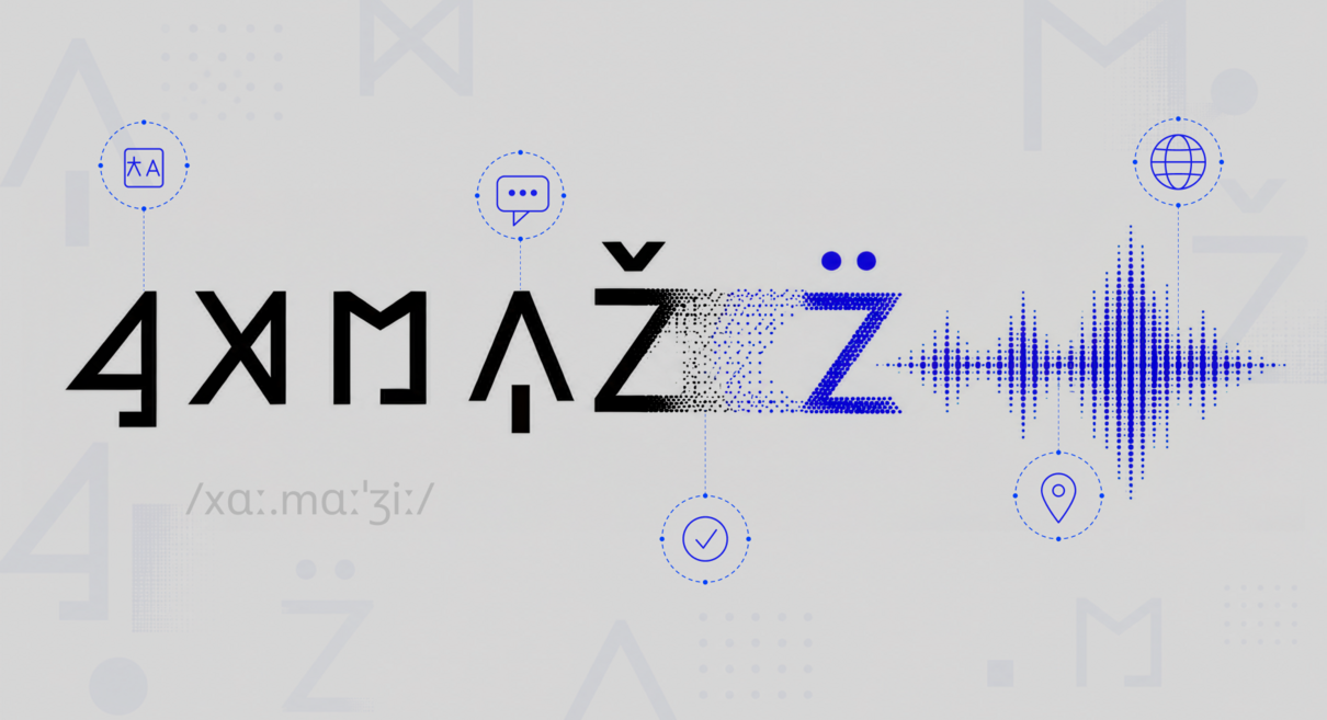 Abstract graphic showing an invented word in black and blue characters, surrounded by symbols representing speech, pronunciation, audio, validation and global localization.