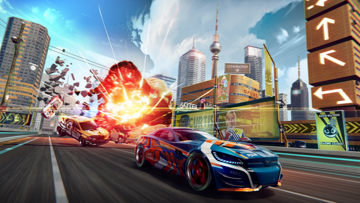 A graphic of a car racing with an explosion in the background