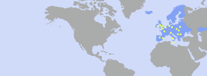 Map with Europe highlighted and pins showing the locations of Keywords Studios