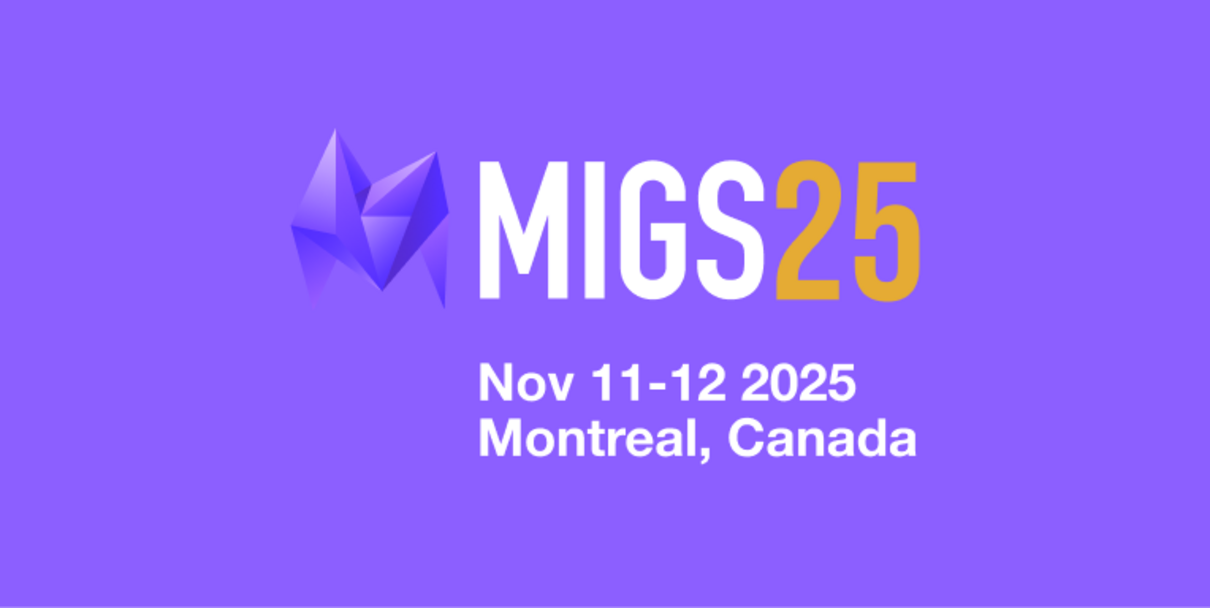 MIGS25 event banner displaying dates November 11–12, 2025, in Montreal, Canada, on a purple background with a geometric logo.