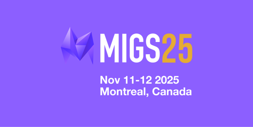 MIGS25 event banner displaying dates November 11–12, 2025, in Montreal, Canada, on a purple background with a geometric logo.