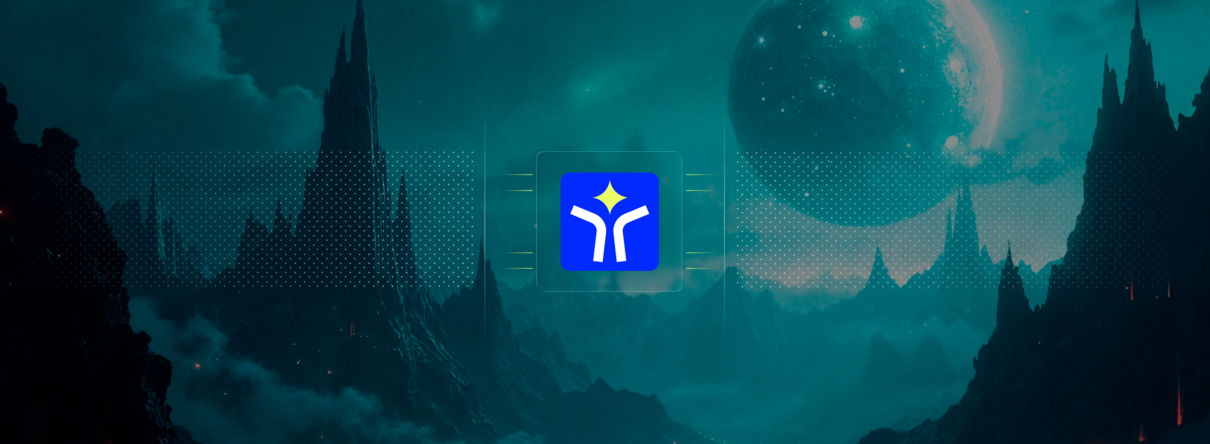 Helpshift logo on a night sky with the silhouette of a castle in the background illuminated by a low orbiting planet