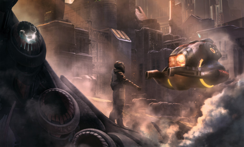 Smoky world with a character in a space suit looking to a hovering vehicle