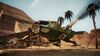 Futuristic green aircraft flying low over a desert landscape with palm trees and ancient stone structures in the background.