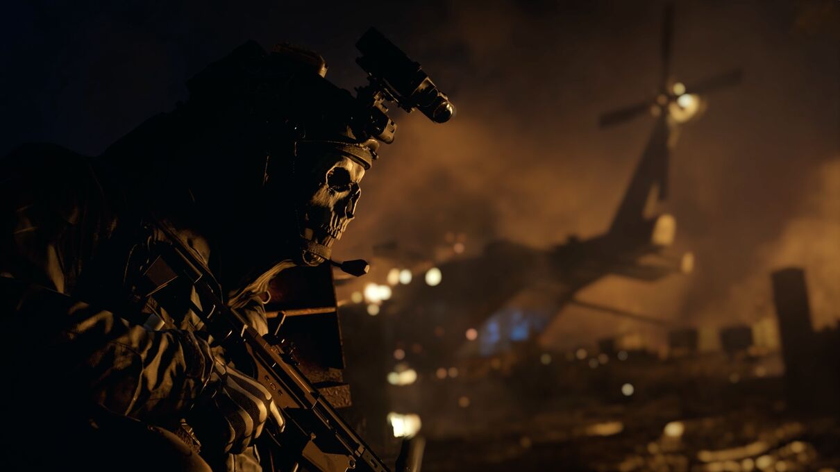 COD MW2 character preparing to enter a warzone with a crashed helicopter in the background.
