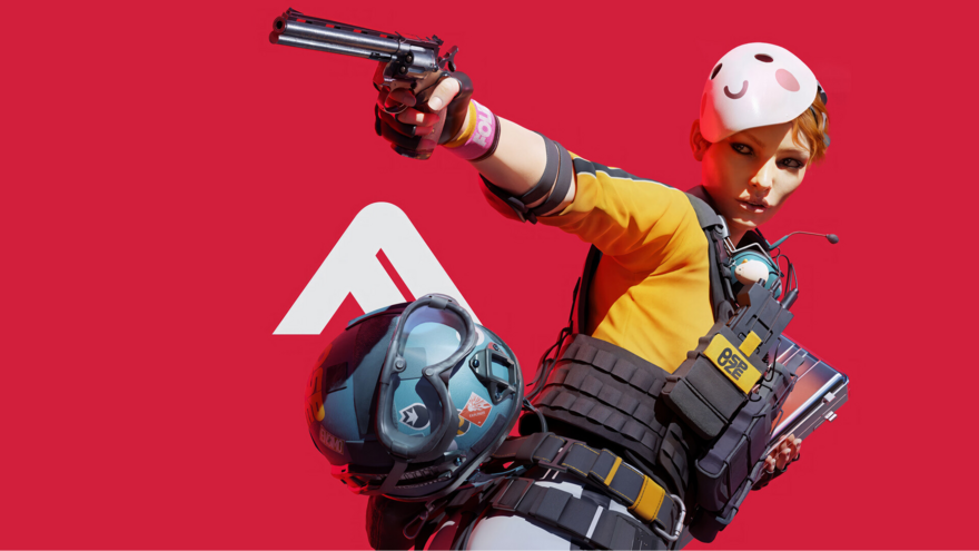 A stylised fighter character from THE FINALS aiming a revolver, wearing a yellow top and a pink half-mask, with the game’s logo in the background.