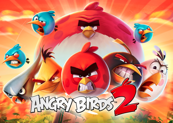 Angry Birds 2 Poster Featuring the title with a selection of characters flying towards the screen.