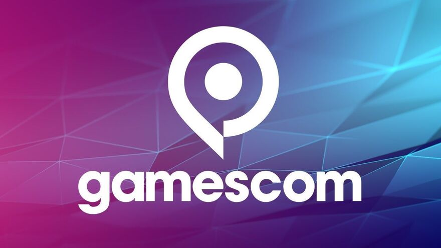 Gamescom logo on a blue and pink background. 