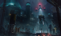A futuristic cityscape featuring a robot production line