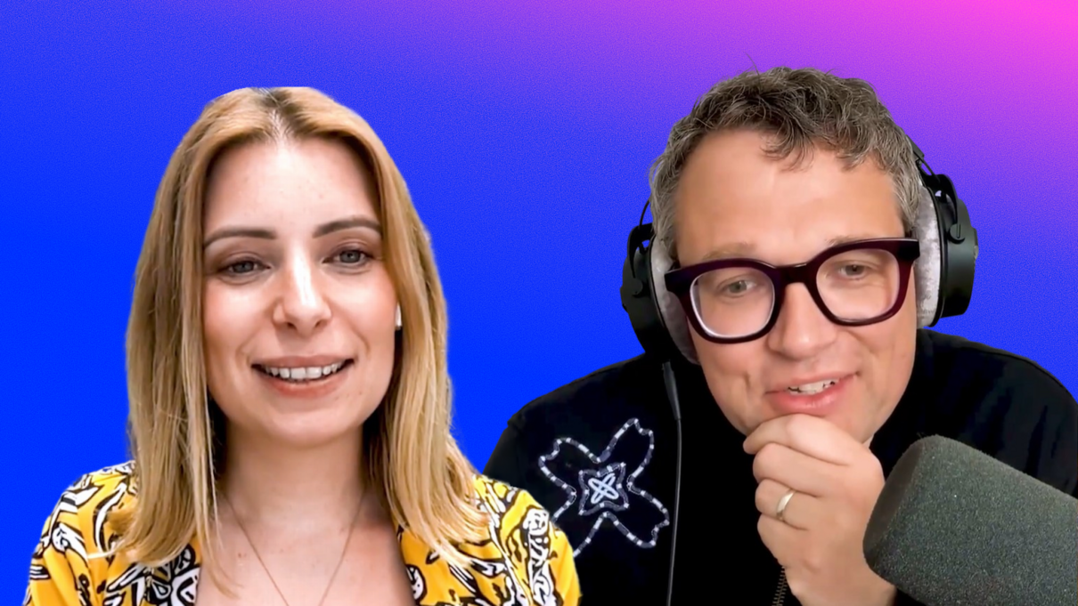 Profile shots of a woman with blond shoulder long hair and a man with short grey hair wearing glasses and a headset