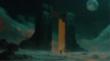 Stone monolith on a dark cloudy sky