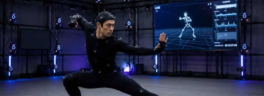 A man in a motion capture suit alongside a robot