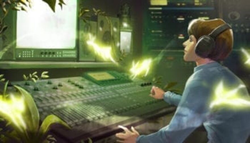 drawn image of a boy using audio editing equipment 