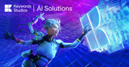 Keywords Studios AI Solutions. A female sci-fi character reaching towards a holographic Keywords logo