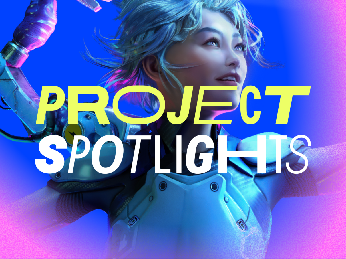 Project Spotlights with a female video game character in the background