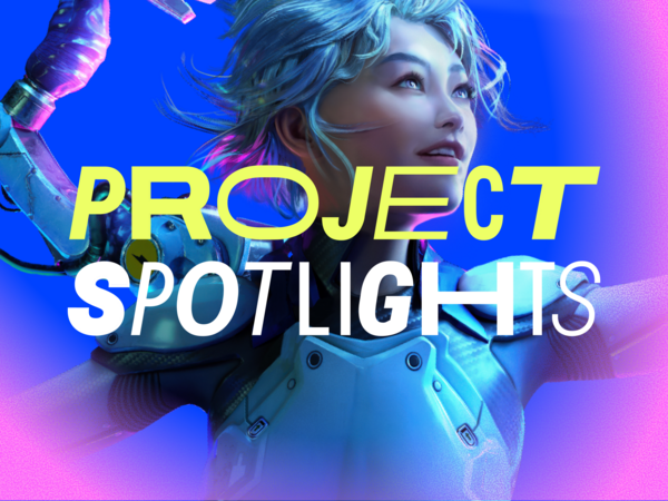 Project Spotlights with a female video game character in the background