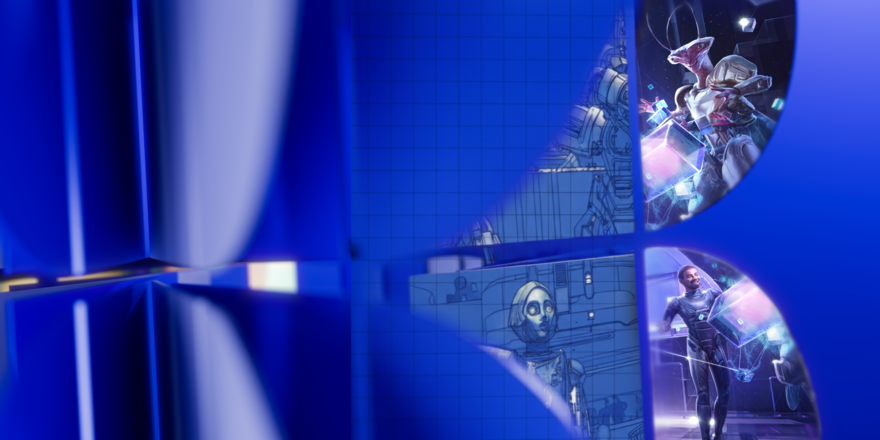 Keywords Studios K shwoing layers of a blue print and fleshed out game characters.