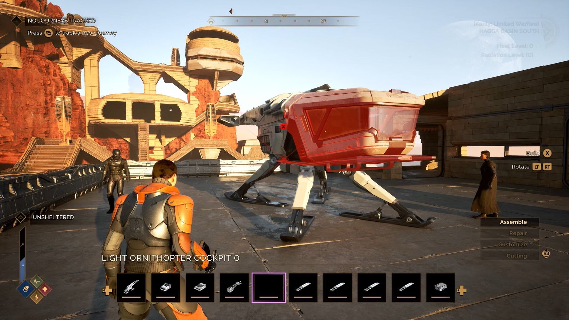 Dune: Awakening gameplay – player near ornithopter mech on sci-fi desert platform.