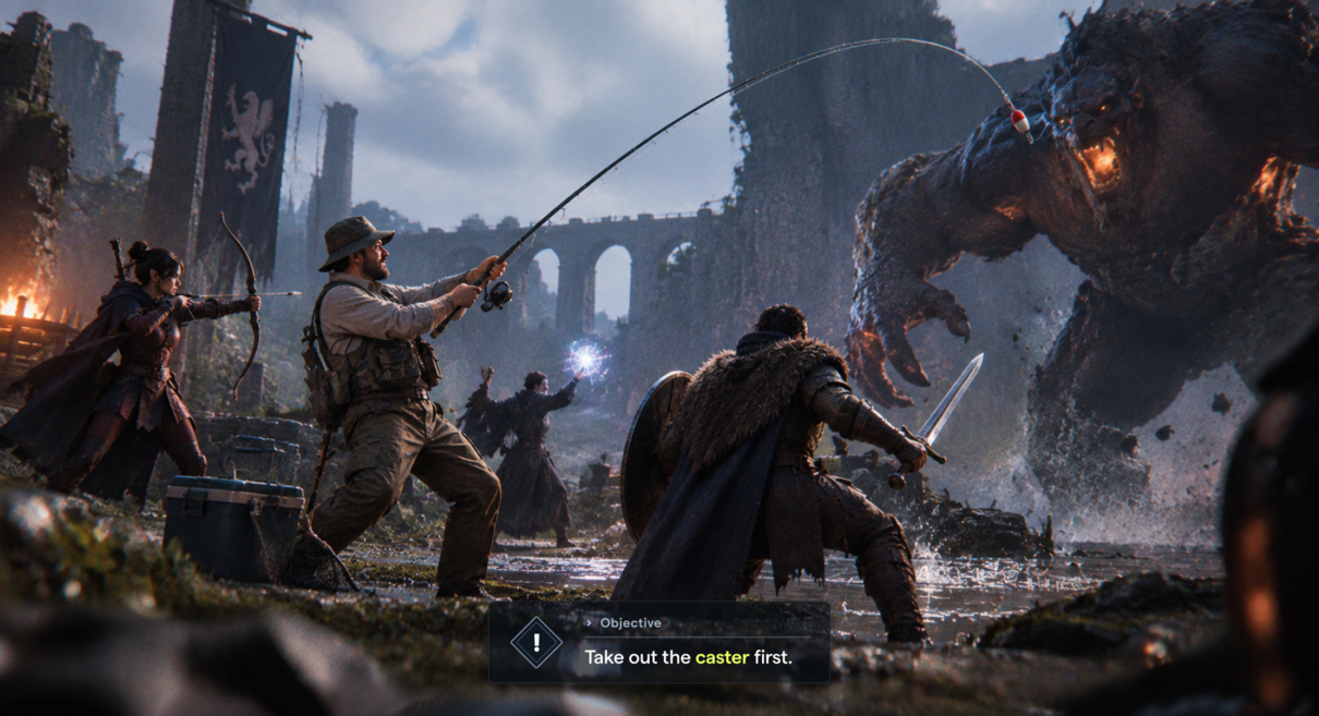 A party of warriors battling a monster with various weapons, including a fishing rod