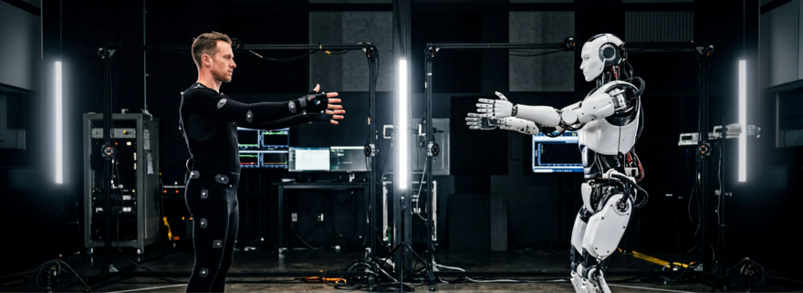 An actor with motion capture sensors and a robot in a recording environment
