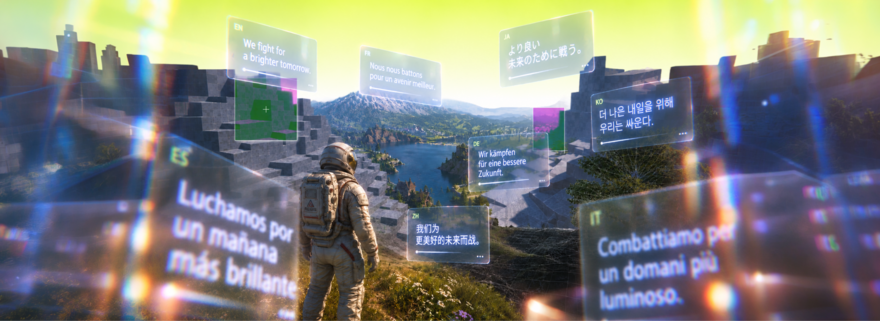 Character standing in a game world surrounded by localized in-game messages