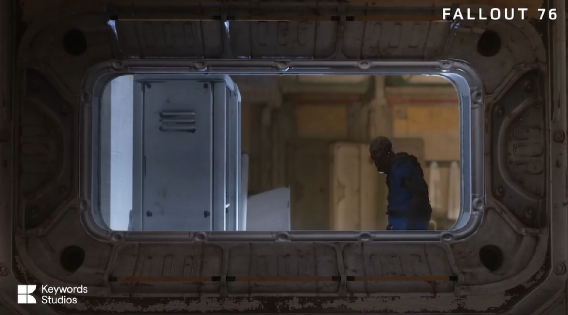 Screenshot from fallout 76 showing a man walking through the window of a bunker