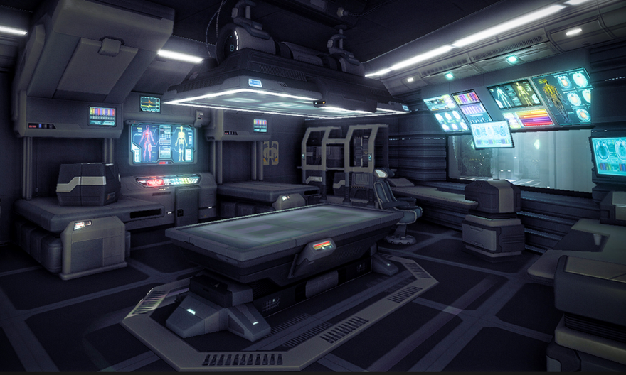 A lab filled with neon, glowing technology with a central table. 