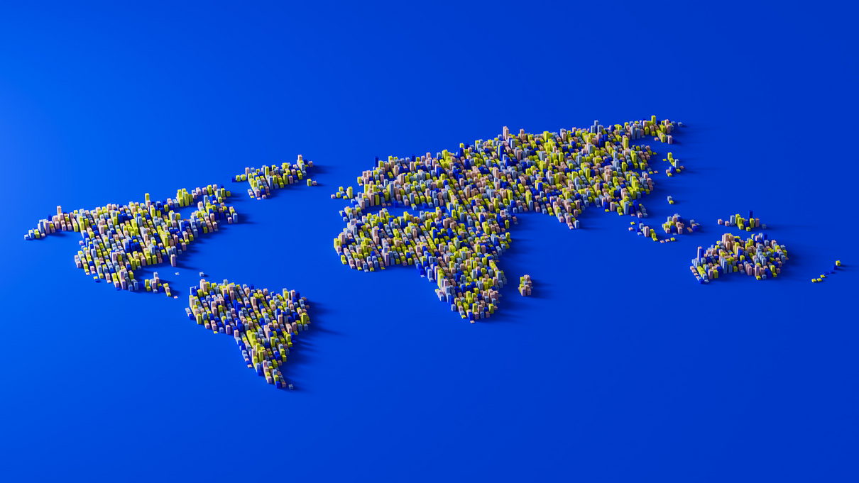 A stylised map of the world on a Keywords Blue background