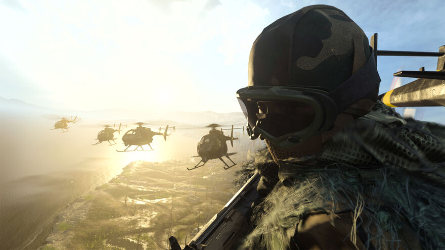 COD Warzone character sat on the edge of a helicopter, surrounded by other helicopters