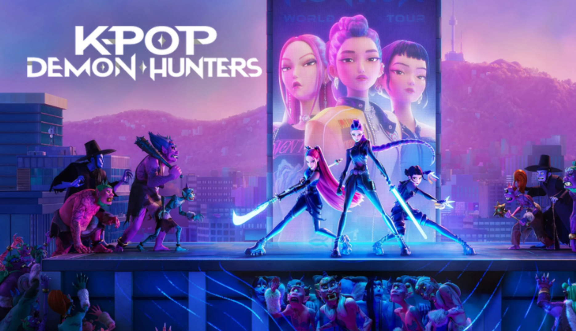 Animated characters from K-Pop Demon Hunters battling monsters in a neon-lit cityscape.