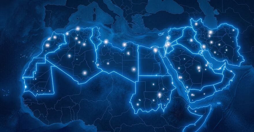 A map of the MENA region in blue with glowing outlines